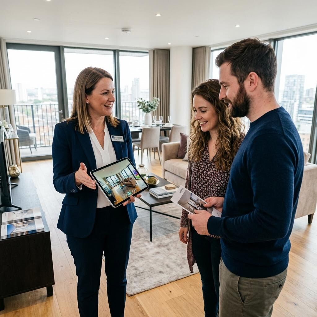 Estate agent using a tablet to show a virtual tour of a property