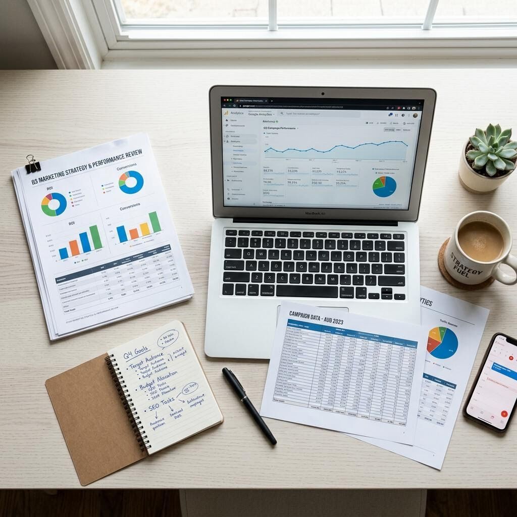 Overhead flat lay of a marketing strategy planning session