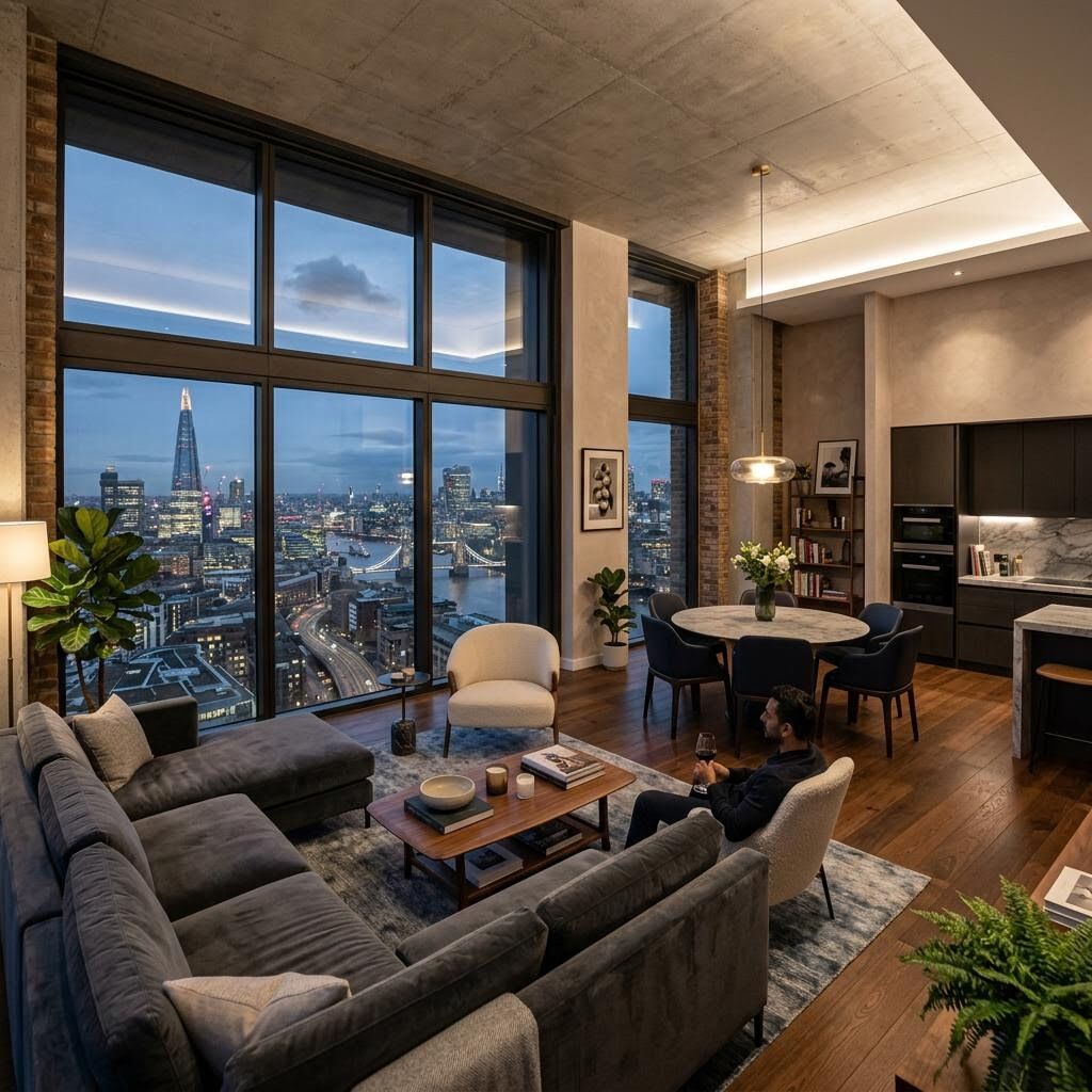 Modern luxury UK apartment interior with floor-to-ceiling windows