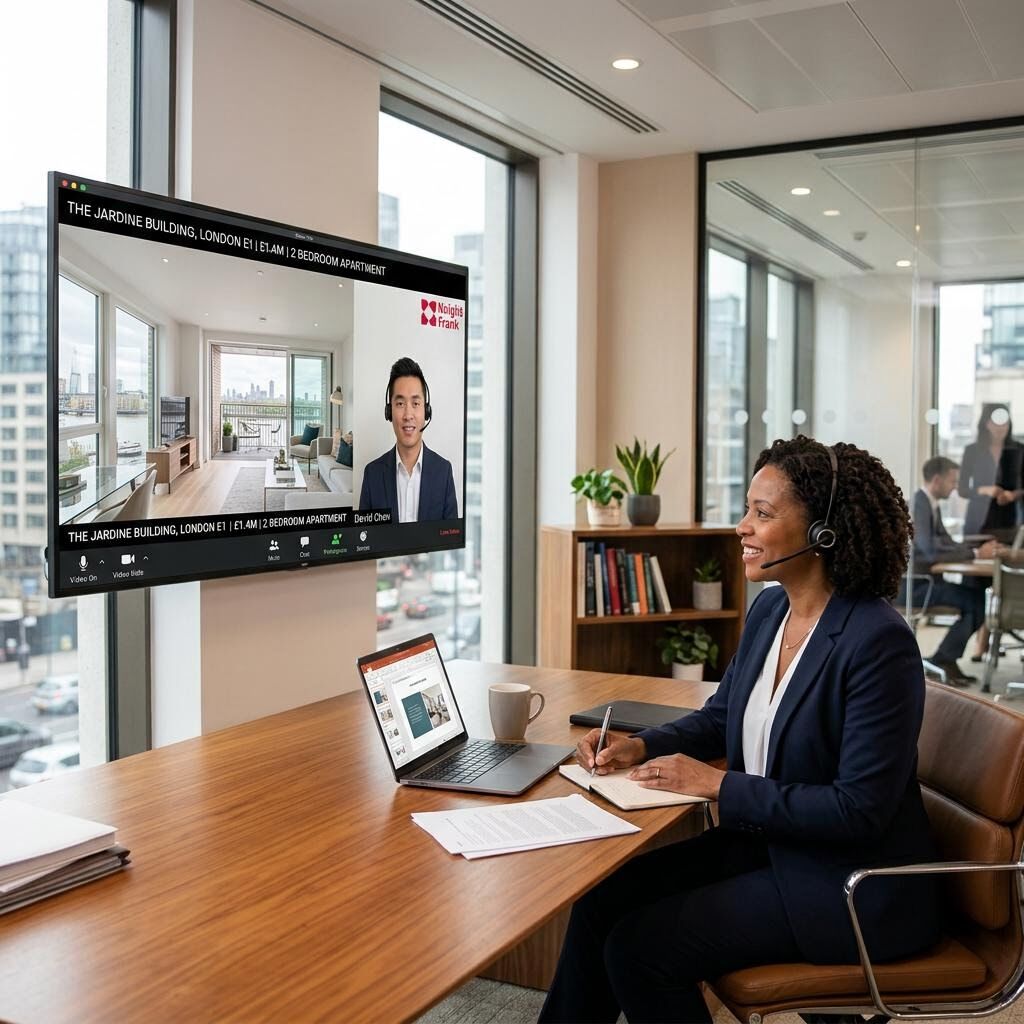 International business professional on a video call viewing UK property virtually