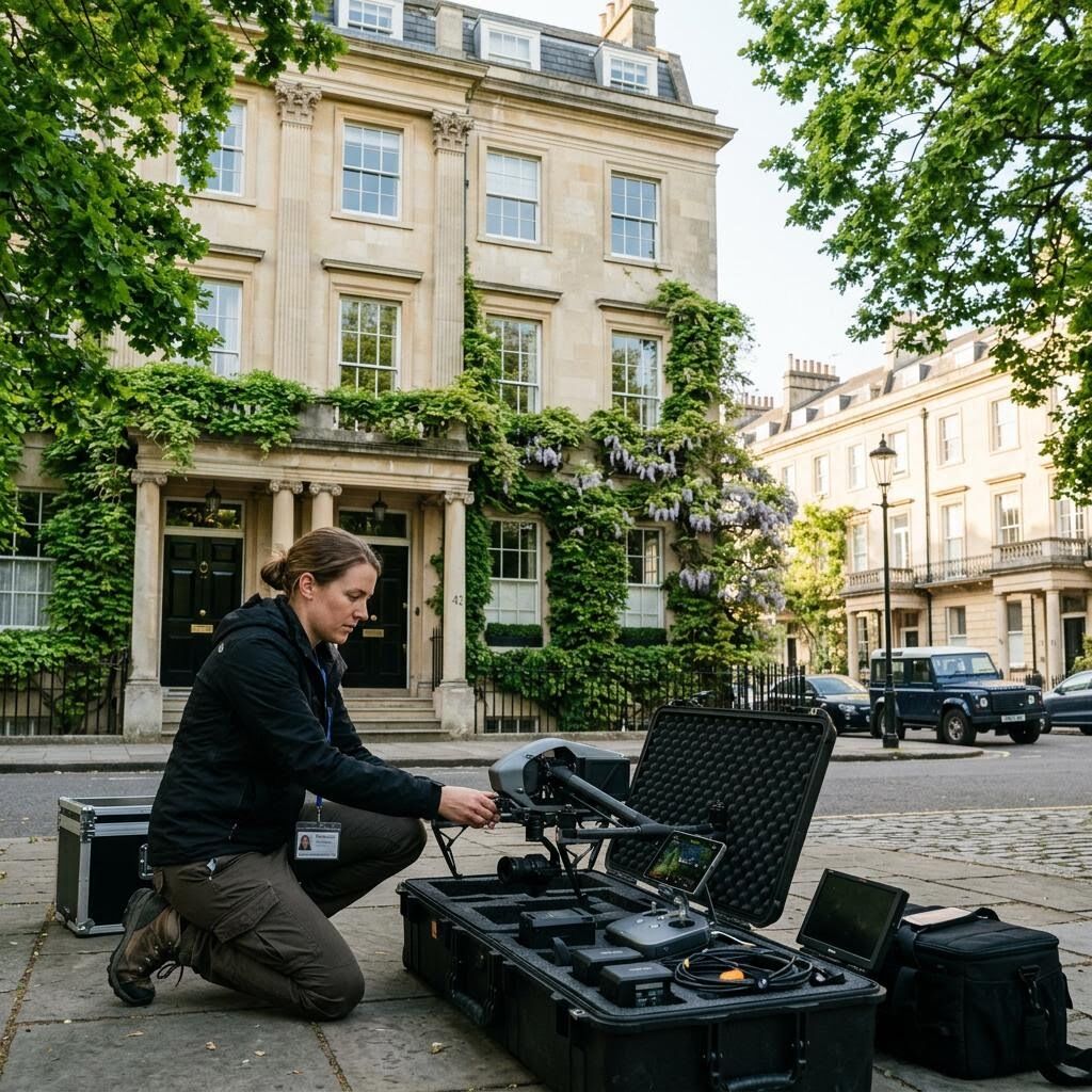 Cinematographer setting up drone equipment in front of a stunning Georgian townhouse