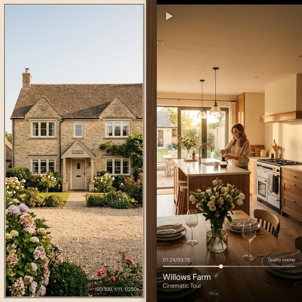 Split screen showing a traditional property photo vs cinematic video frame