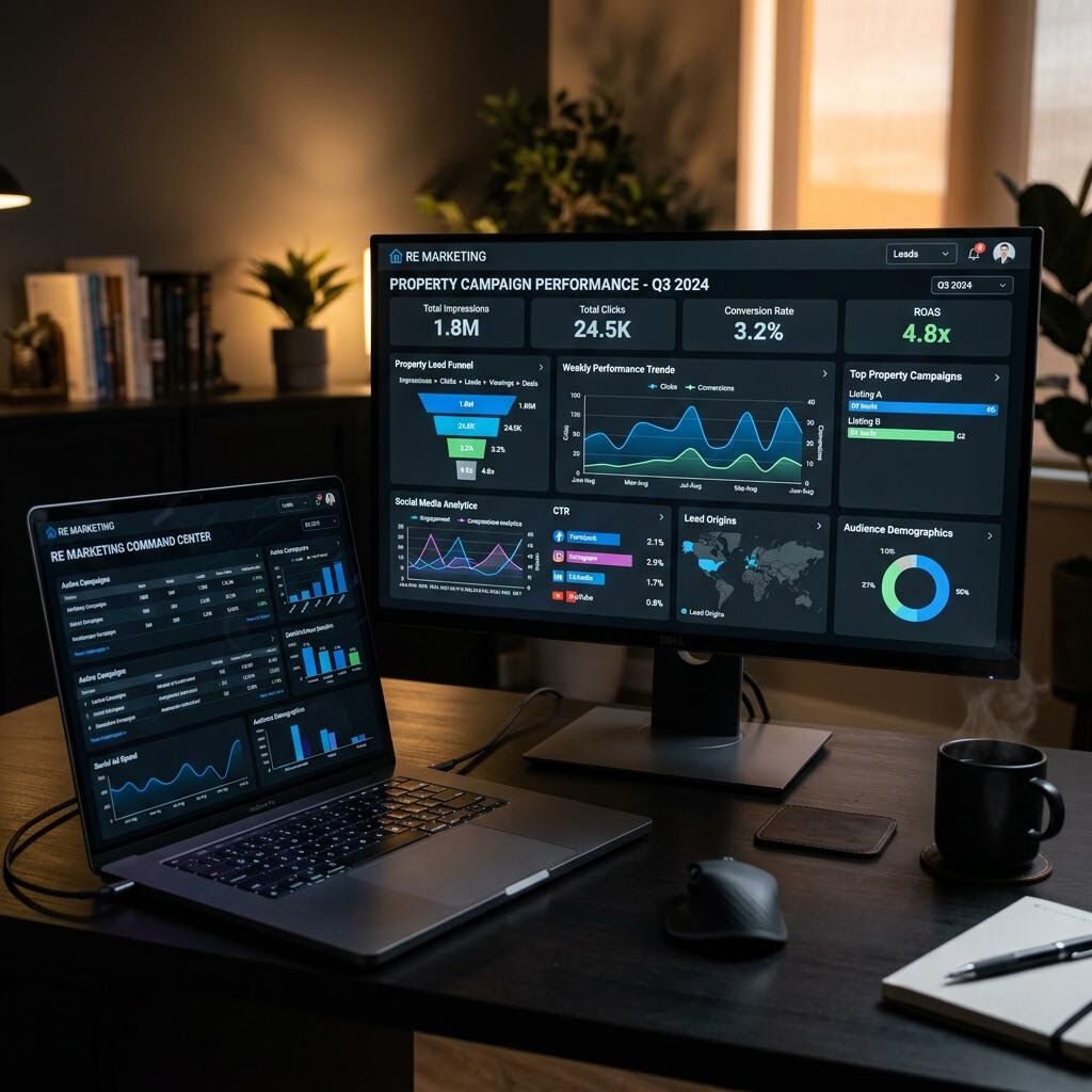 Digital marketing campaign dashboard showing property analytics and performance metrics