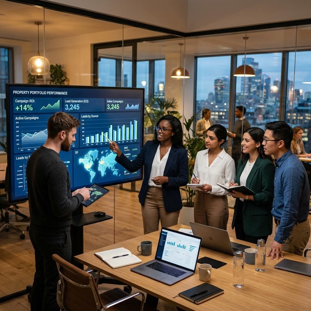 Property marketing team reviewing strategy for UK estate agent campaign