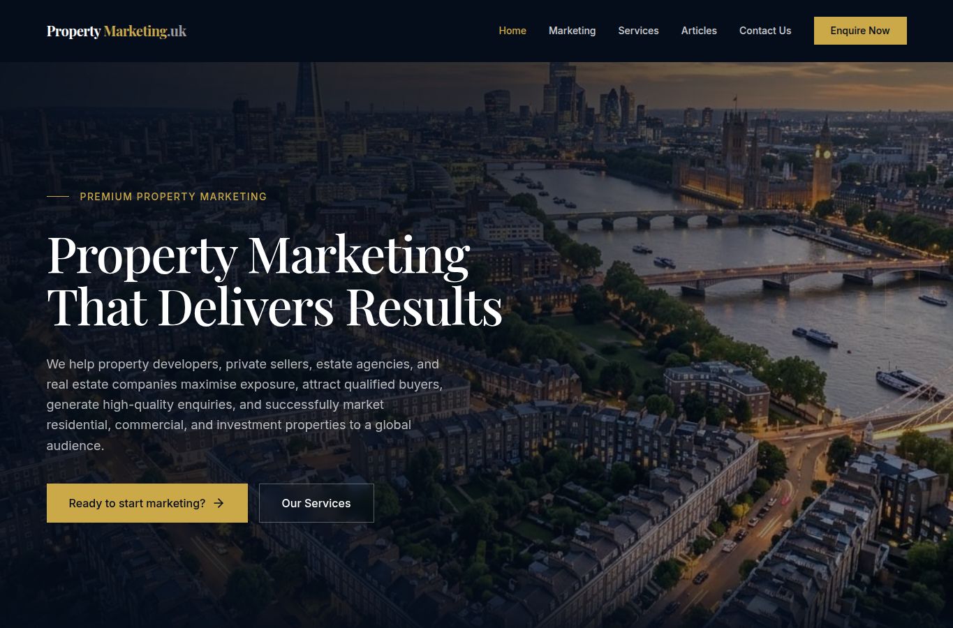 Desktop view of the Property-marketing.uk website showing its navigation, headline and enquiry links