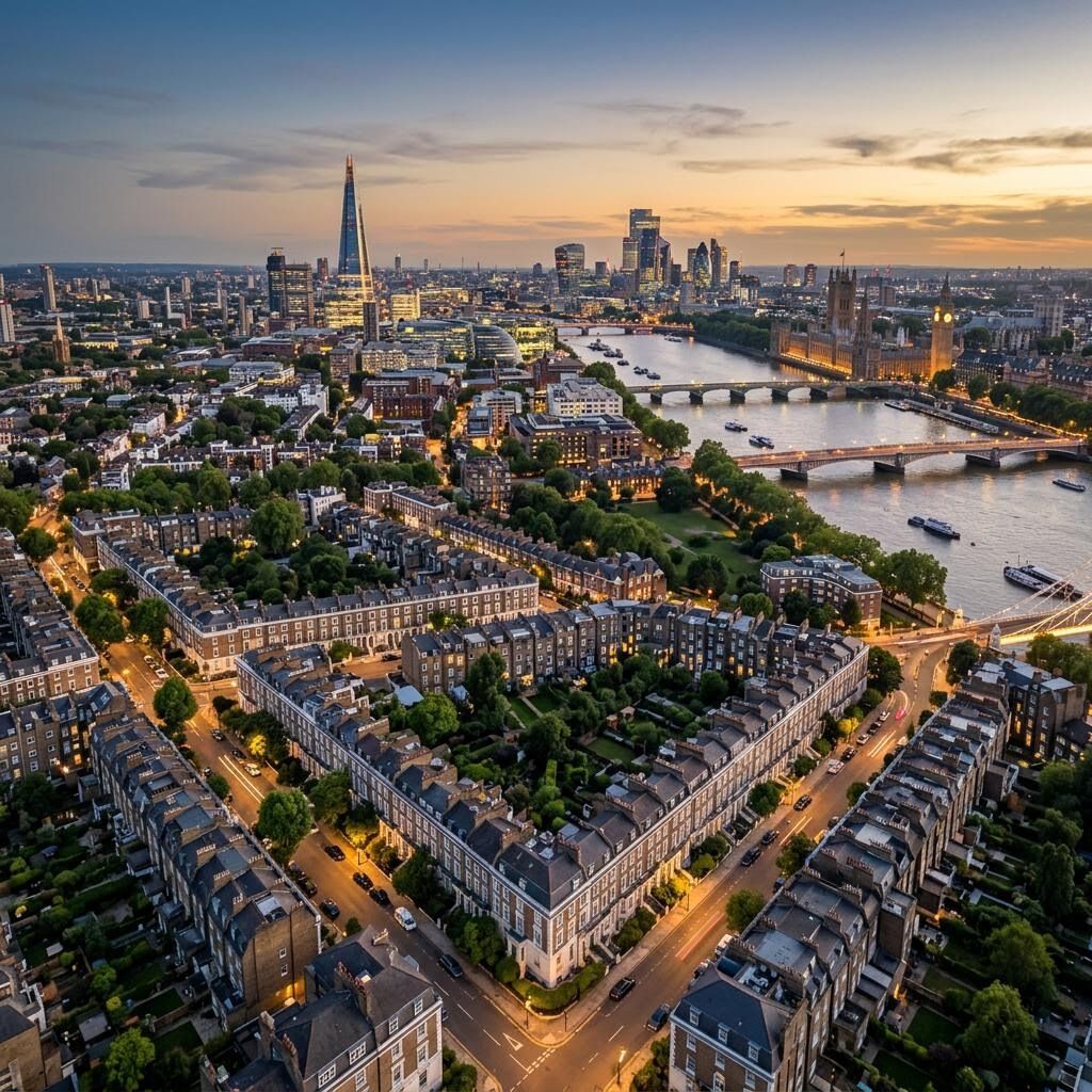 Aerial view of London skyline at dusk — Property-marketing.uk